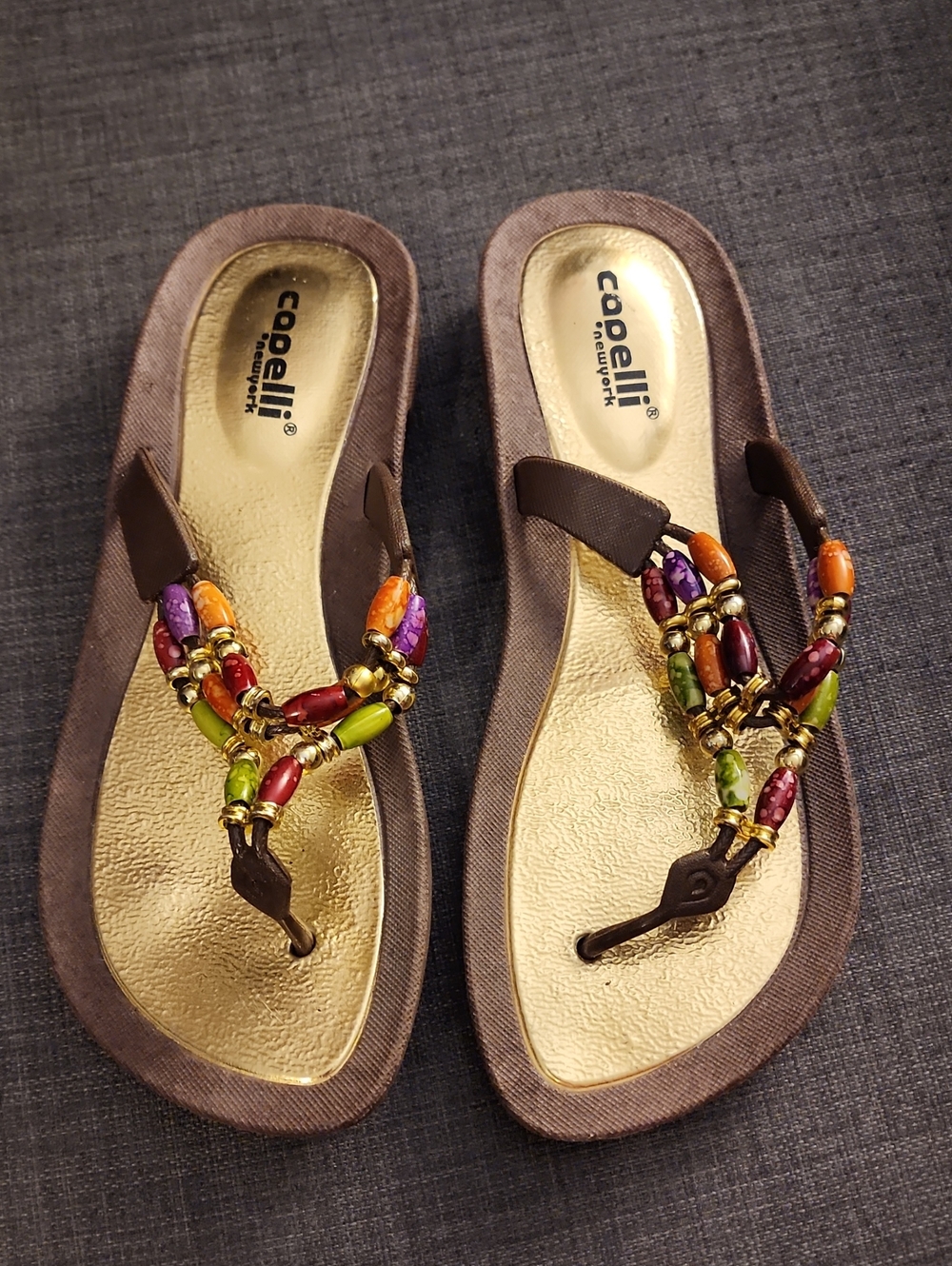 Capelli of New York Brown Flip Flop Sandals with Multicolored Beads